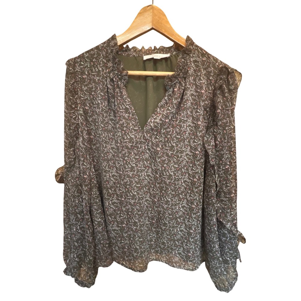 LOFT Olive Green Floral Paisley Ruffle Neck Long Sleeve Blouse Top Mens Size M